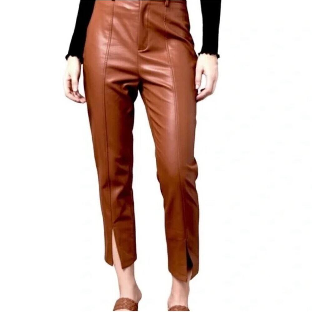 Jason Wu Vegan Leather Brown Straight Leg Pants w/‎ Front Slits Women's XS Brown